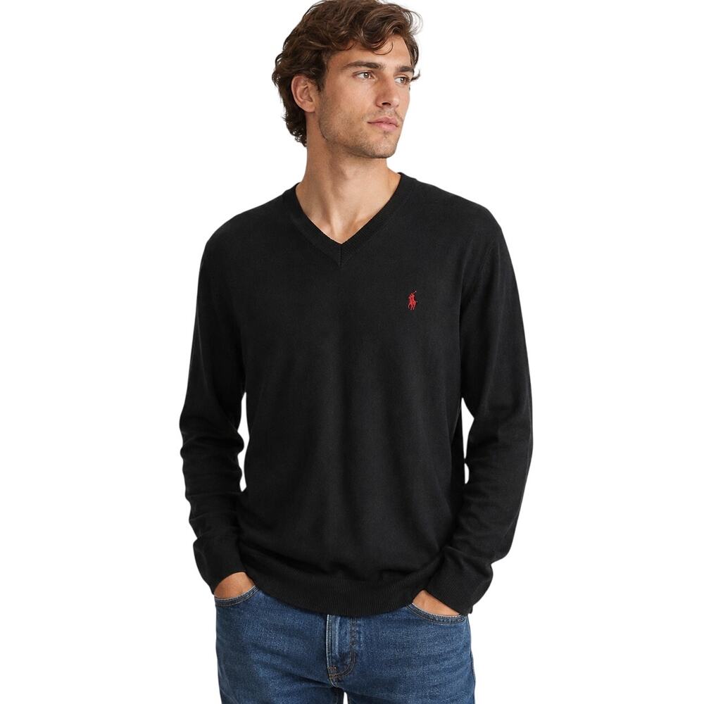 Polo Ralph Lauren Men XL Cashmere Sweater Black Red Pony V Neck Old Money